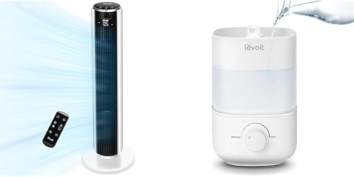 LEVOIT Tower Fan for Bedroom, 25ft/s Velocity 28dB Bladeless Oscillating Fan with 90° & Top Fill Humidifiers for Bedroom, 2.5L Tank for Large Room, Easy to Fill & Clean