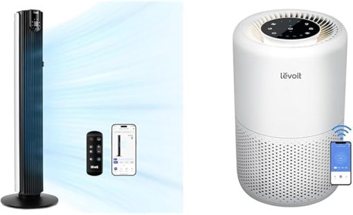 LEVOIT 42'' Smart Oscillating Tower Fan Bundle with Air Purifier for Large Rooms, Compatible with Alexa, White